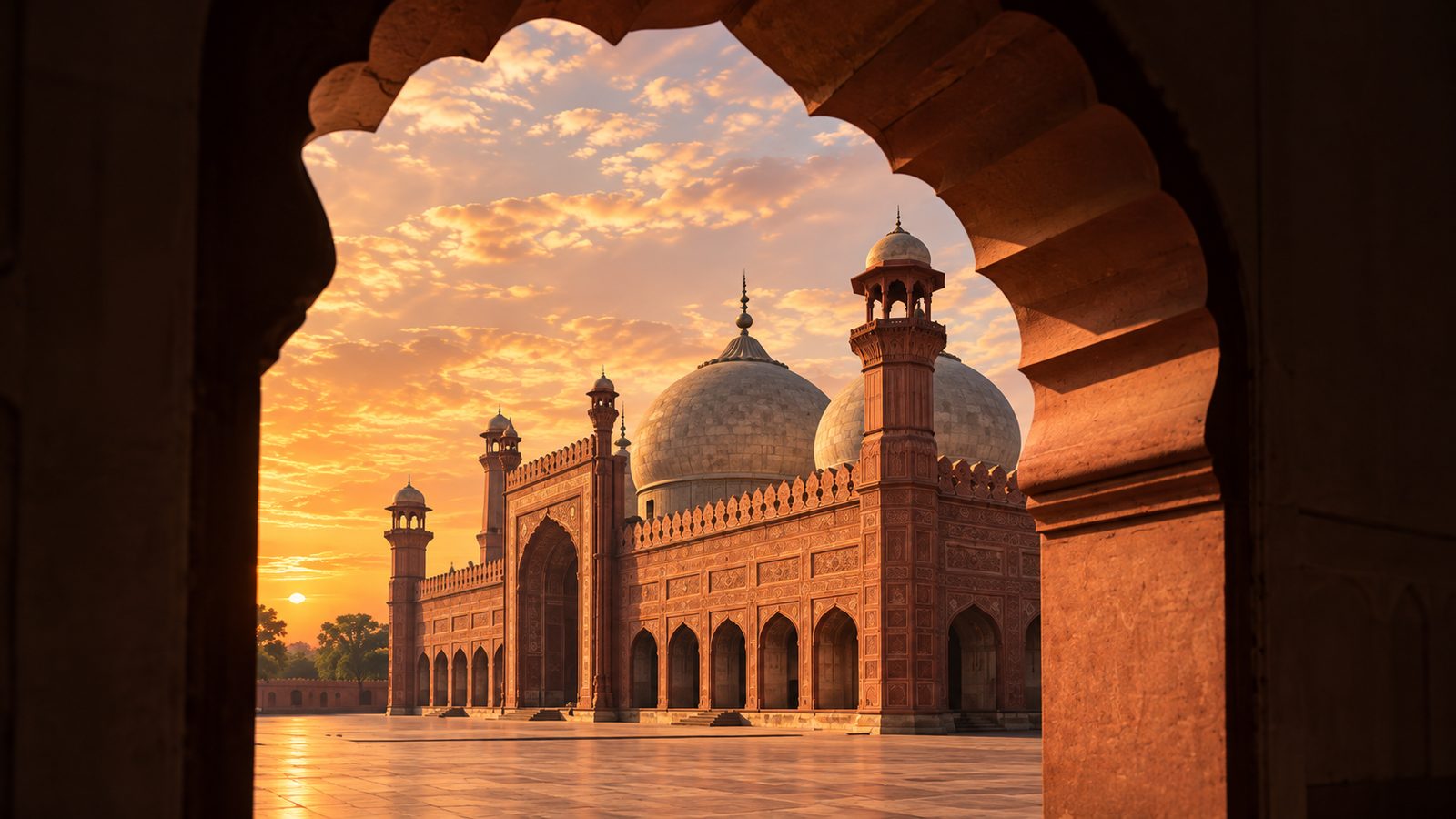 Badshahi Mosque, Lahore, seen through a sandstone arch at sunset