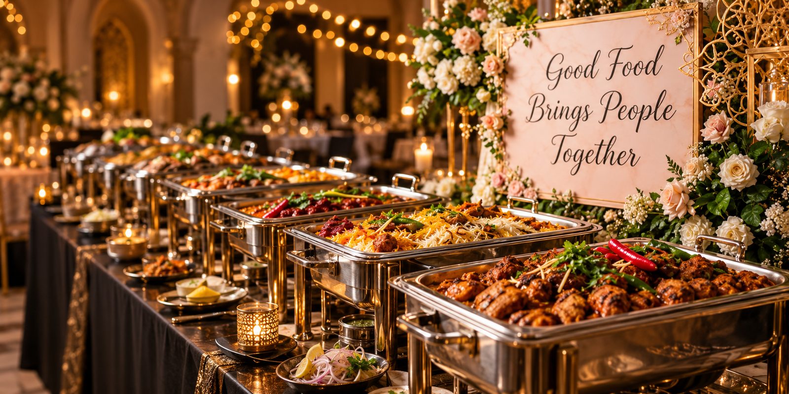 Qasr Lahore buffet set up for an event, with chafing dishes of biryani, kebabs and curries